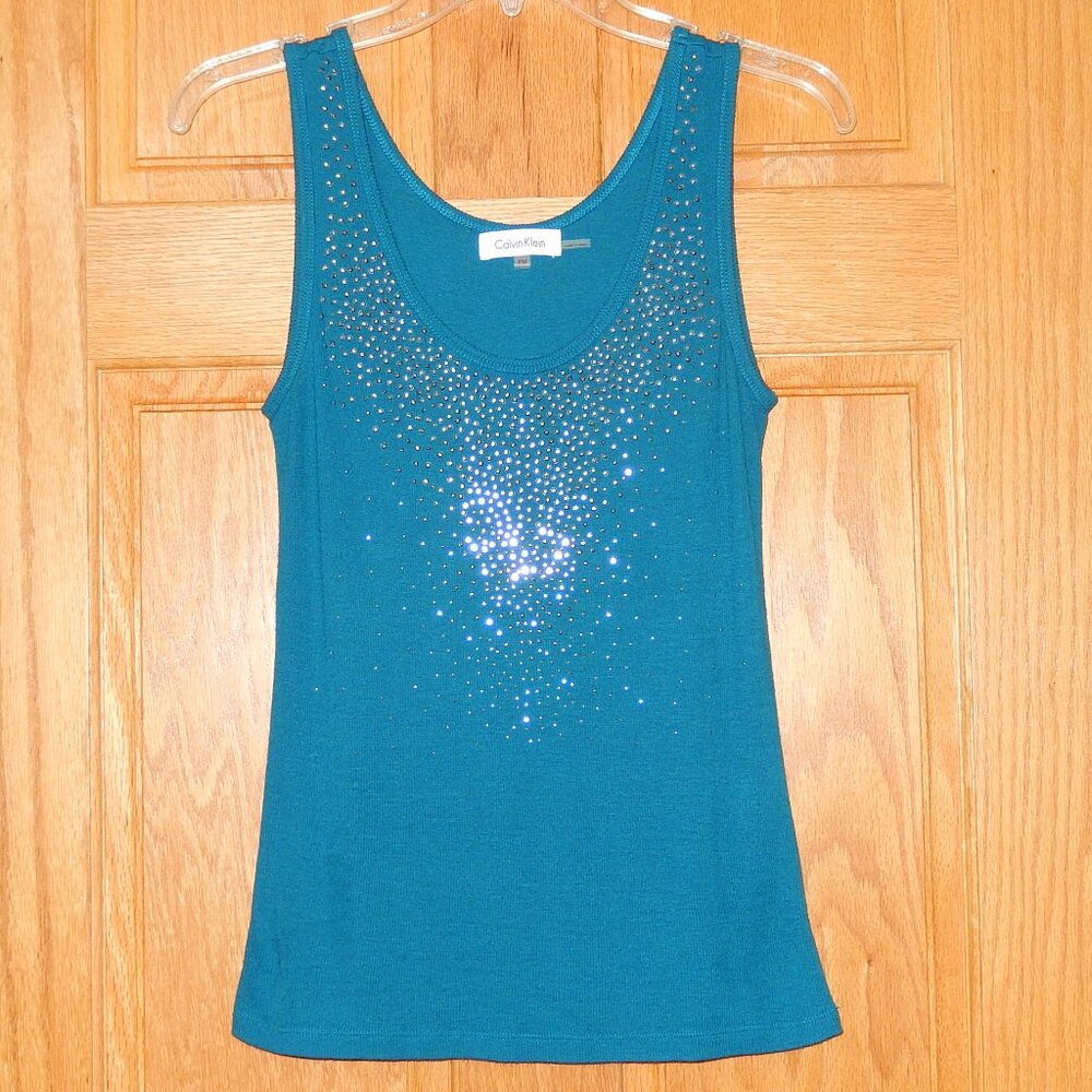 New Calvin Klein Tank Top Rib Knit Teal Blue Gunmetal Studs Petite Medium PM